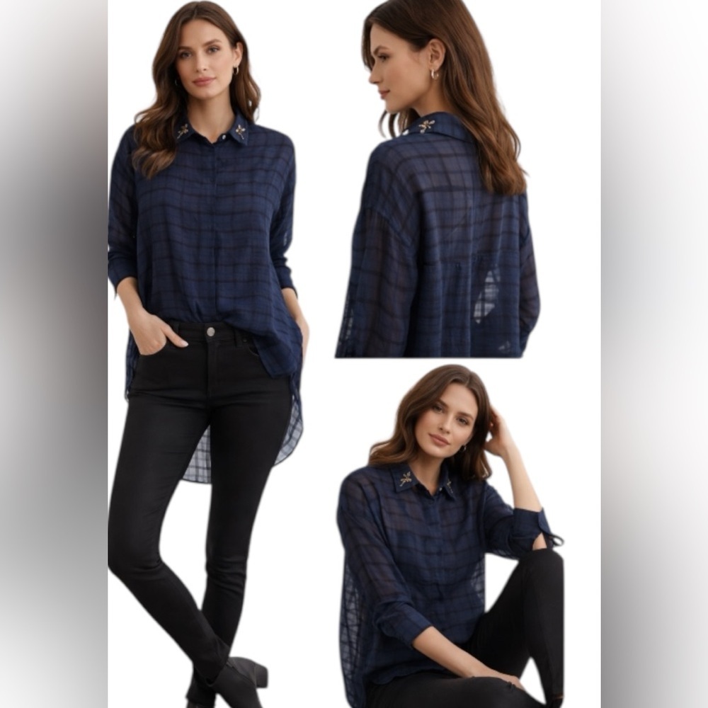 Zara Basic NWT Sheer Plaid Blouse XS Blue Embellished Collar Cotton Viscose